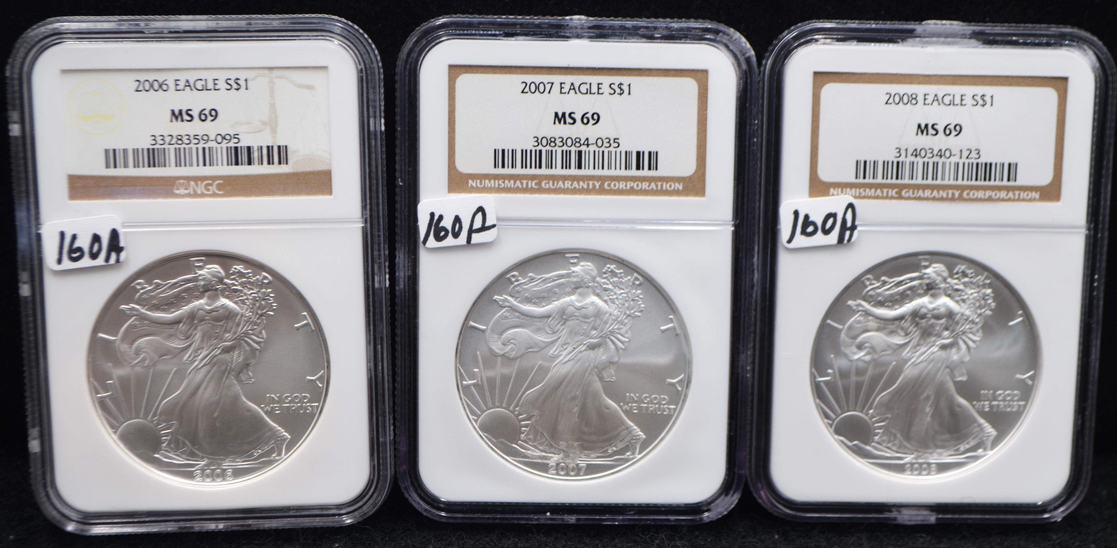 2006, 2007, 2008 AMERICAN SILVER EAGLES NGC MS69