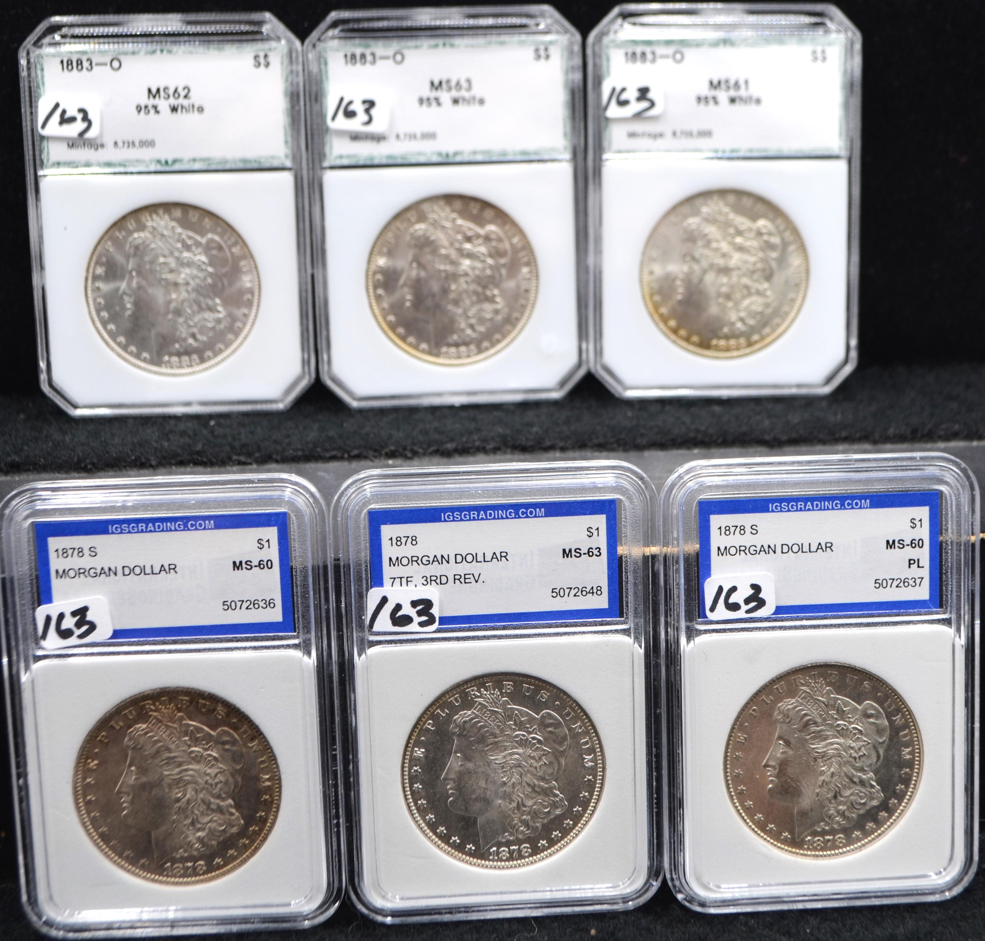 SIX DIFFERENT SLABBED MORGAN DOLLARS