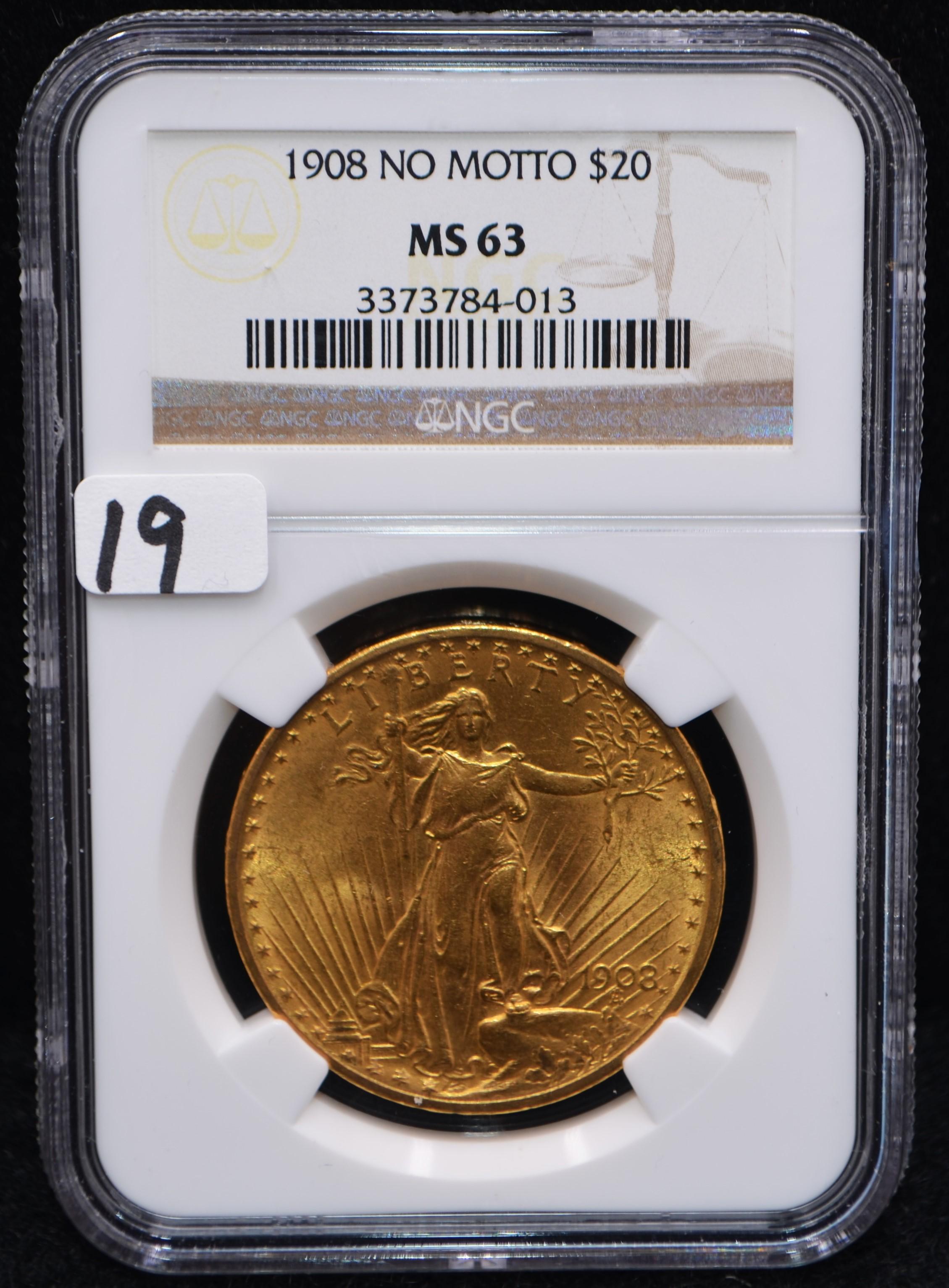 1908 $20 ST. GAUDENS (NO MOTTO) GOLD COIN NGC MS63