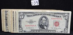 30 RED SEAL $5 U.S. NOTES SERIES 1953 & 1963