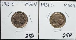 HIGH GRADE 1916-S & 1931-S BUFFALO NICKELS