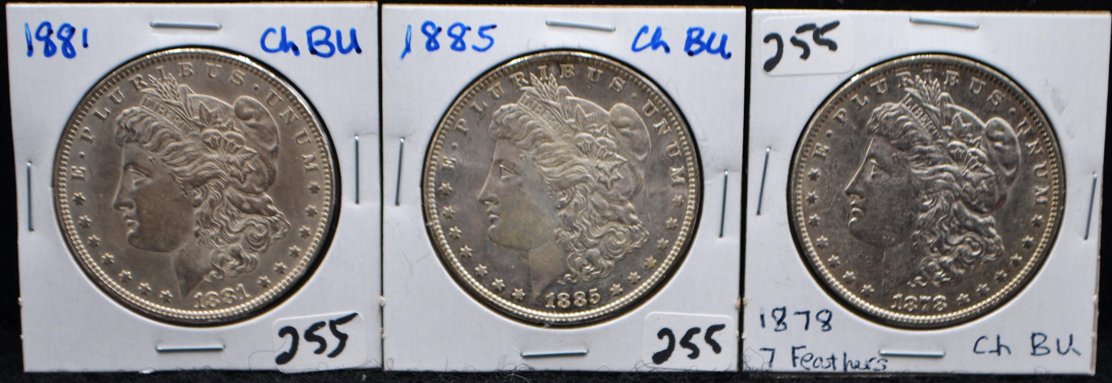 CHOICE UNC 1878 7TF, 1881, 1885 MORGAN DOLLARS