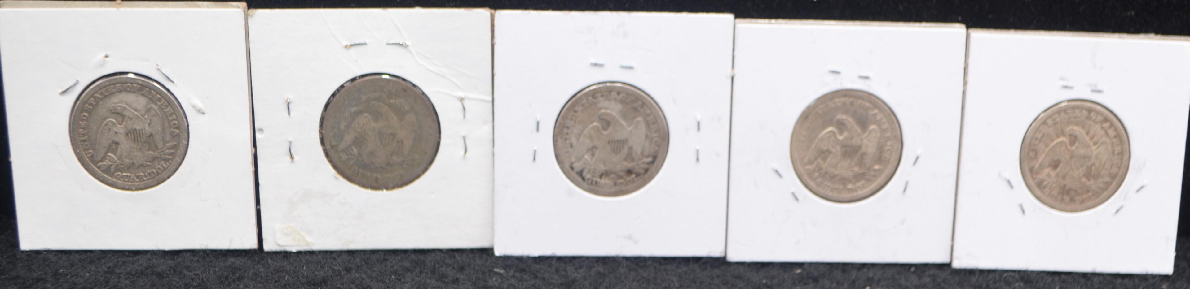 5 DIFFERENT SEATED LIBERTY QUARTERS