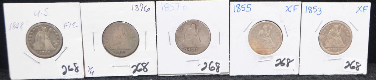 5 DIFFERENT SEATED LIBERTY QUARTERS