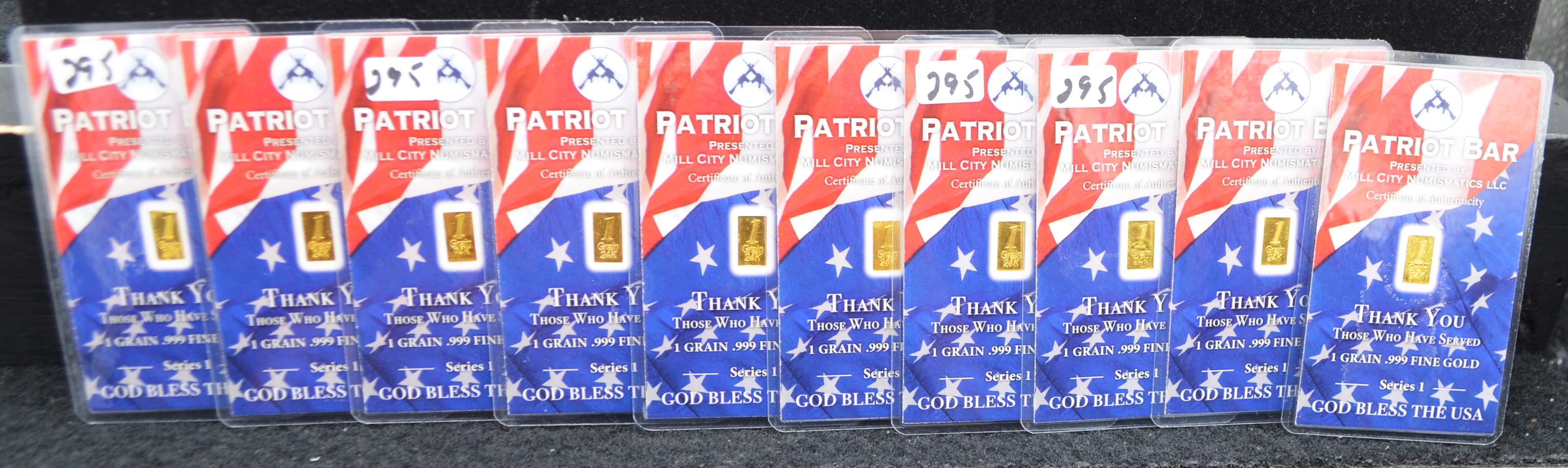 TEN 1 GRAIN GOLD "PATRIOT BARS ON PACKAGE