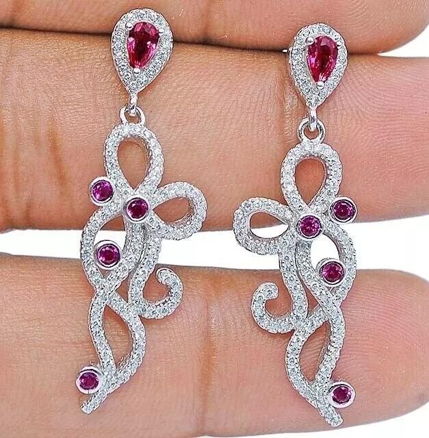 PAIR OF 2 CT RUBY & WHITE TOPAZ STERLING EARRINGS