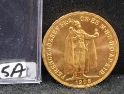 RARE 1908 HUNGARY 100 KORONA GOLD COIN