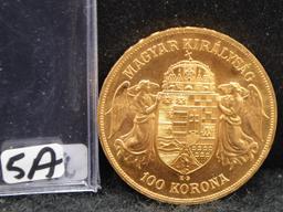 RARE 1908 HUNGARY 100 KORONA GOLD COIN