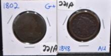 1802 DRAPED BUST & 1848 BRAIDE HAIR PENNIES