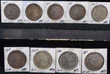 9 MIXED DATES & MINTS MORGAN DOLLARS