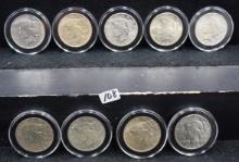 9 AU/BU DIFFERENT DATE PEACE DOLLARS