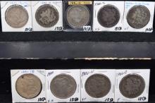 9 MIXED DATES & MINT MORGAN DOLLARS
