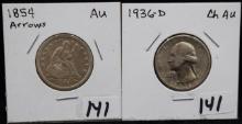1854 ARROW SEATED QTR & 1936-D WASH. QUARTER