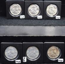 6 HIGH GRADE DIFFERENT DATE FRANKLIN HALF DOLLARS