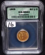 RARE 1909 $2 1/2 INDIAN HEAD GOLD COIN -  ICG MS63
