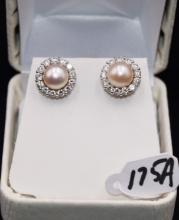 PAIR OF PEARL& WHITE SAPPHIRE 14K EARRINGS