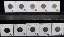 10 MIXED DATE LIBERTY HEAD NO CENTS NICKELS