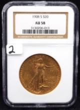 RARE 1908-S $20 SAINT GAUDENS GOLD COIN - NGC AU58