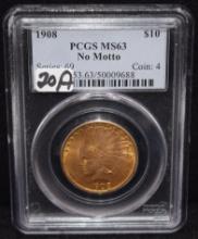 1908 $10 NO MOTTO INDIAN HEAD GOLD COIN - PCGS MS3