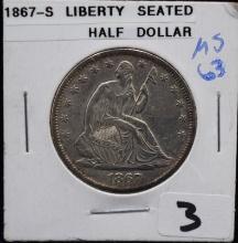 RARE 1867-S TYPE 5 SEATED LIBERTY HALF DOLLAR