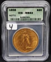 1908 W/MOTTO $20 SAINT GAUDENS GOLD COIN ICG MS63
