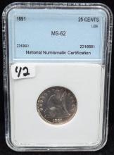 1891 TYPE 5 SEATED LIBERTY QUARTER - NNC MS62