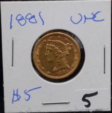 HIGH GRADE 1881 $5 LIBERTY HEAD GOLD COIN