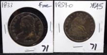 1833 BUST & 1859-0 SEATED LIBERTY HALF DOLLARS