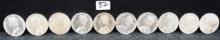 TEN BRITISH 1882-1892 ONE RUPEE SILVER COINS