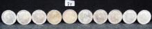 TEN BRITISH 1901-1915 ONE RUPEE SILVER COINS