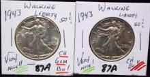 2 HIGH GRADE 1943 WALKING LIBERTY HALF DOLLARS