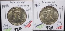 2 HIGH GRADE 1945 WALKING LIBERTY HALF DOLLARS