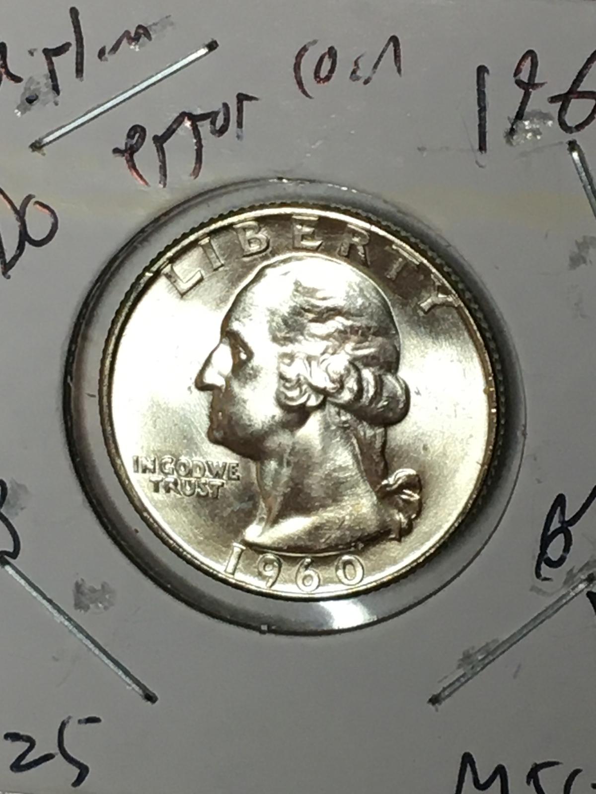 Washington Silver Quarter 1960 D Gem B U Error Hairlines High Grade Gem B U Blast White