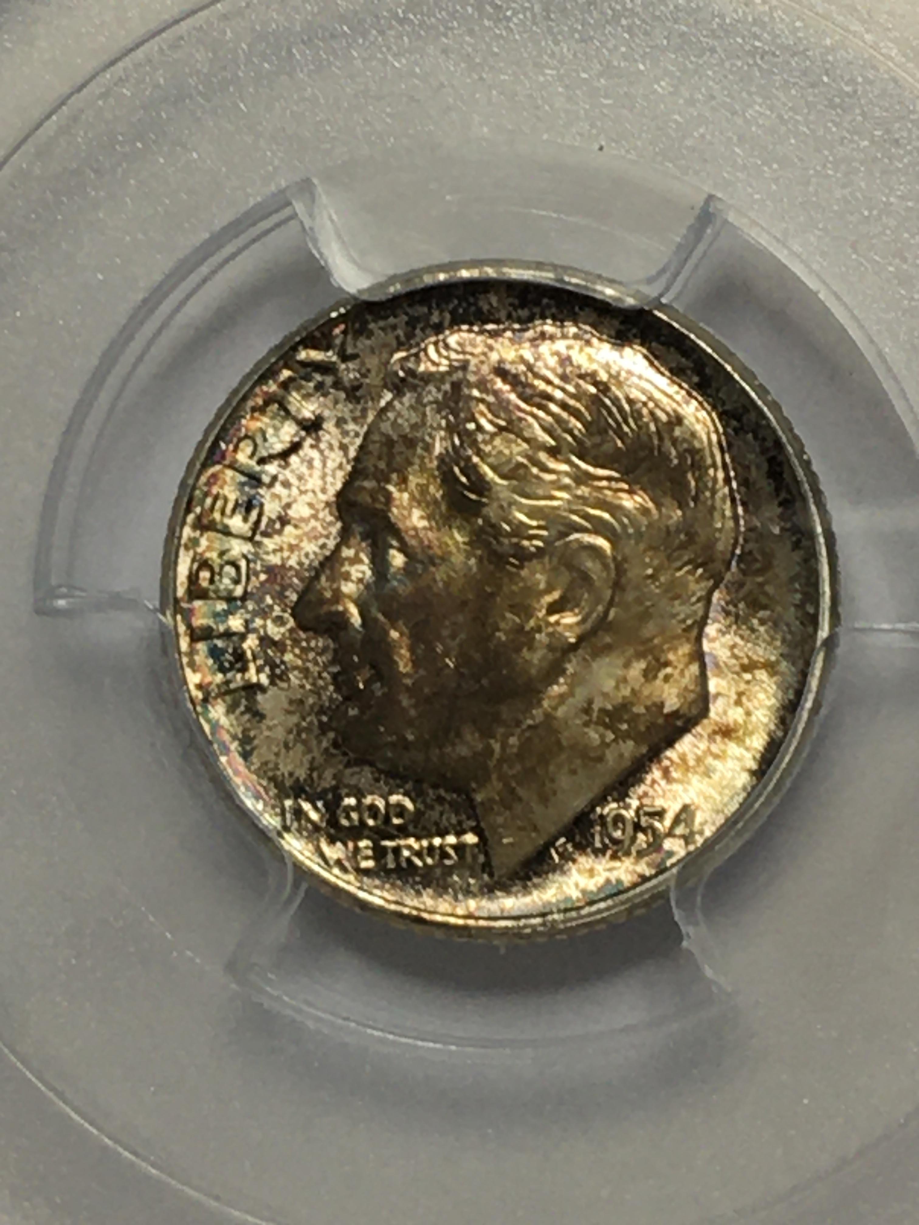 Roosevelt Dime 1954 graded mosnter Rainbow Colors