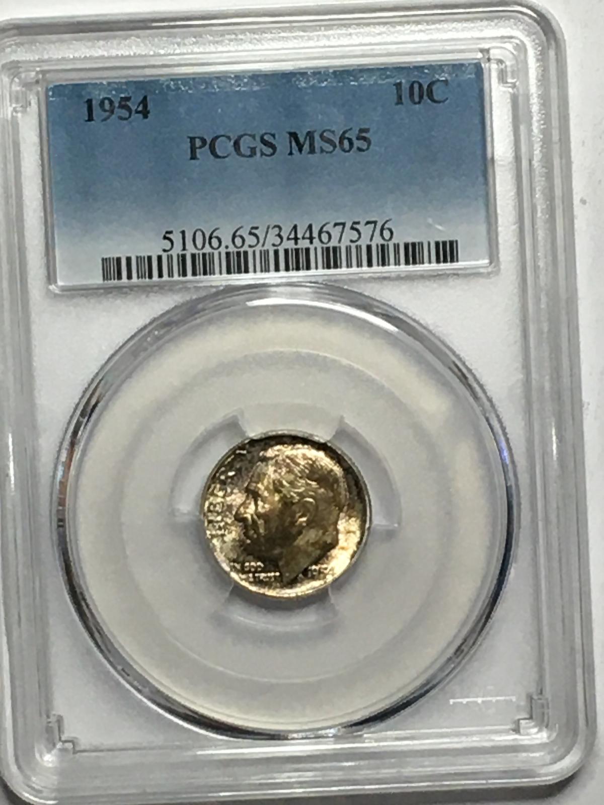 Roosevelt Dime 1954 graded mosnter Rainbow Colors