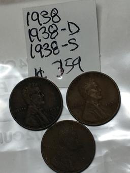 (3) Lincoln Wheat Cent 1938 P, D, & S