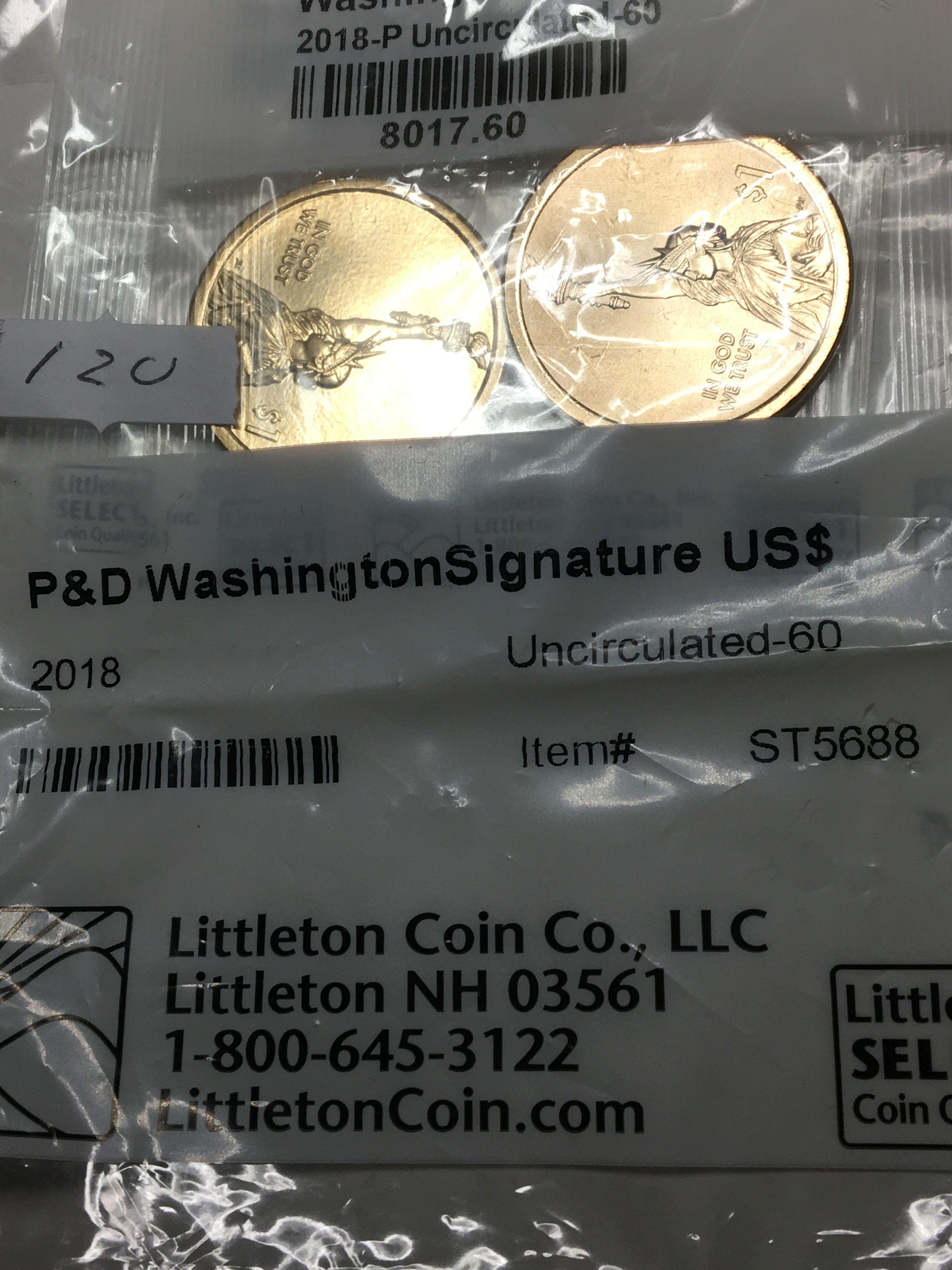2018 P And D Washington Signature U S Gold Dollar Coins 2 Gem In Sealed Bags