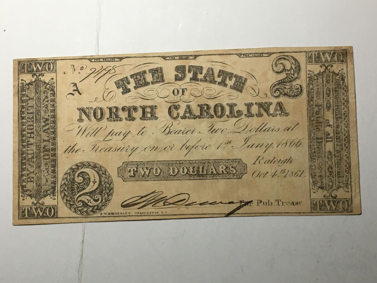 1861 State North Carolina Confederate $2 Note Raleigh