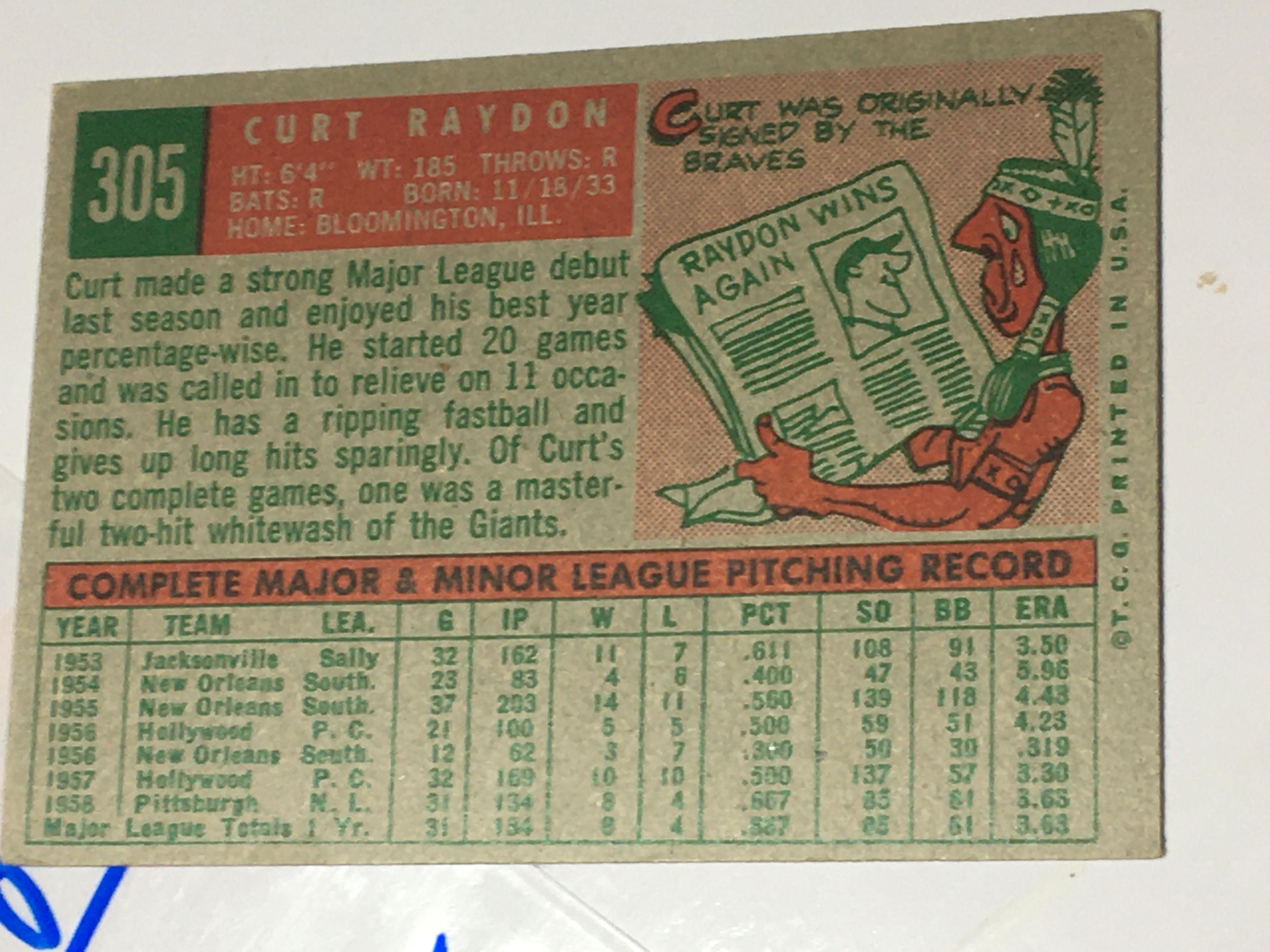 1959 Rookie Card Pittsburg Pirates Pitcher Curt Raydon