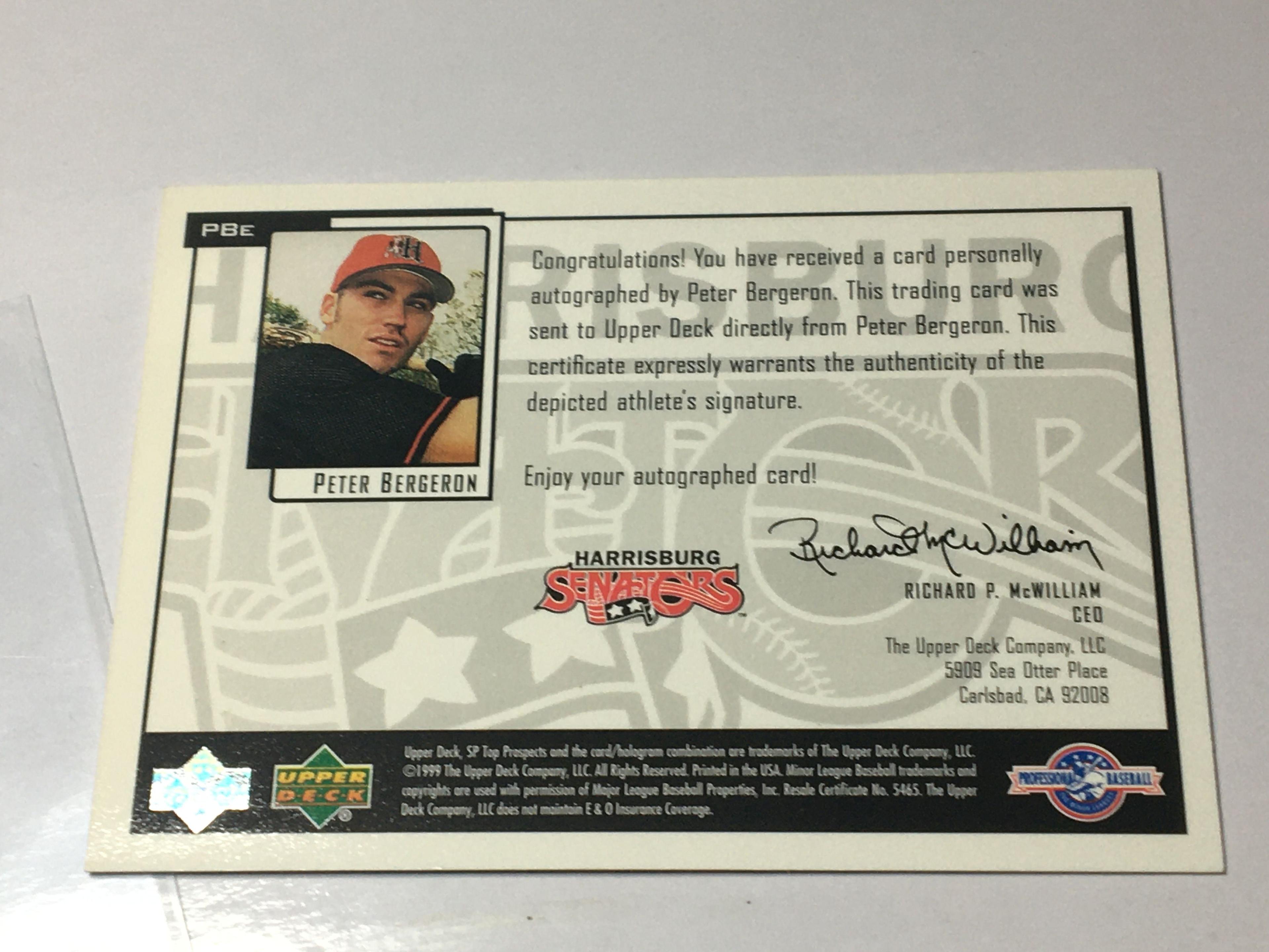 SIGNATURE CARD 1999 Harrisburgh Senators Outfielder Peter Bergeron