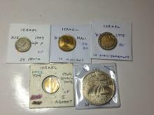 Isreal 1949 W/o P 25 Pruta Ef, 1962 Small Date 5 Agorot Ef, 1961 10 Agorot Ch. Bu,