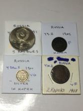 Russia 1905 Kopek F, 1908 Kopeks Vf, 1900 10 Kopek "silver" Vg, 1991 5 Roubles Bu