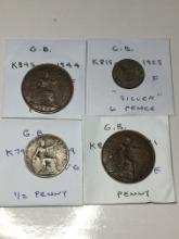 Great Britian 1944 Penny Ef, 1923 6 Pence "silver" F, 1909 1/2 Penny Vg, 1921 Penny Vf