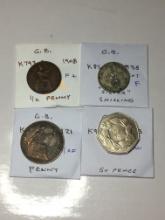Great Britian 1908 1/2 Penny F+, 1938 Scot Shilling "silver", 1921 Penny Vf/ Ef, 1973 50 Pence Au