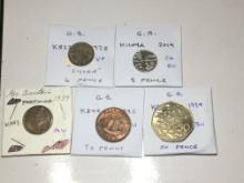 Great Britian 1928 6 Pence "silver" Vf, 2014 5 Pence Ch Bu, 1939 Farthing Au, 1942 1/2 Penny Au