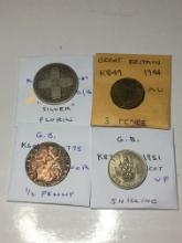Gr Britian 1848-87 Florin "silver" Ag/ G1944 3 Pence Au, 1775 1/2 Penny Poor, 1951 Scot Shilling Vf