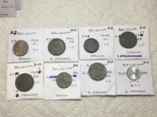 Belgium 1923 Franc Au, 1944 Franc Xf, 1941 5 Francs Vf, 1943 5 Francs Vf, 