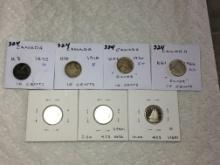 Canada 10 Cent Coins 1892 G, 1910 F, 1950 F+, 1966 Au, 1979 Spec, 1979 Spec, 1988 Proof