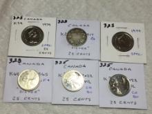 Canada 25 Cent Coins 1917 Silver G, 1965 Silver Vf+,1979 Spec.,1979 Spec, (2) 2022 Ml Ch Bu