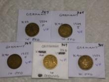 Germany (5-10 Pfg Coins) 1924 F Vf,1924 J Vf,1925 E Vf,1925 G Vf,1929 E Vf